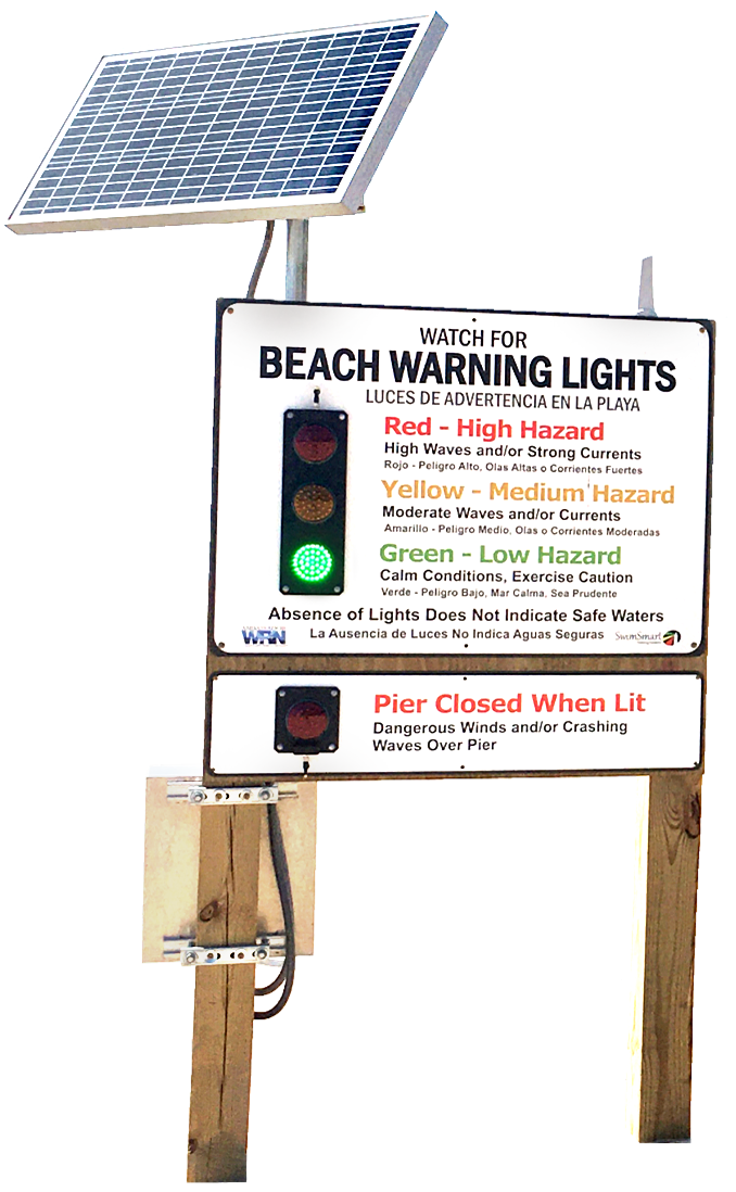 SwimSmart beach safety warning light system signage powered by solar energy